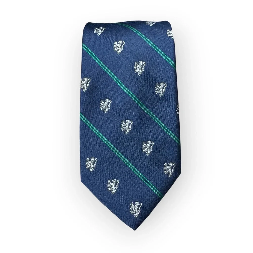 Briar Pride of England Navy Blue Rampant Lion Crest Green Stripe Silk Necktie